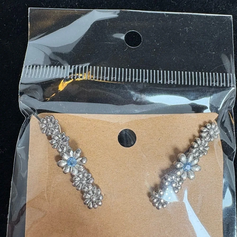 Floral Silver Tone Barrettes with Blue Rhinestone Accent